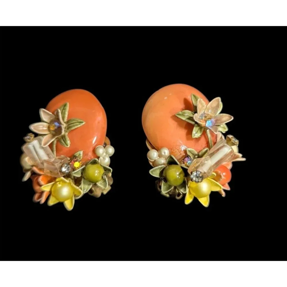 Vintage Floral Clip On Earrings Orange Beads Filigree Rhinestones 1.5